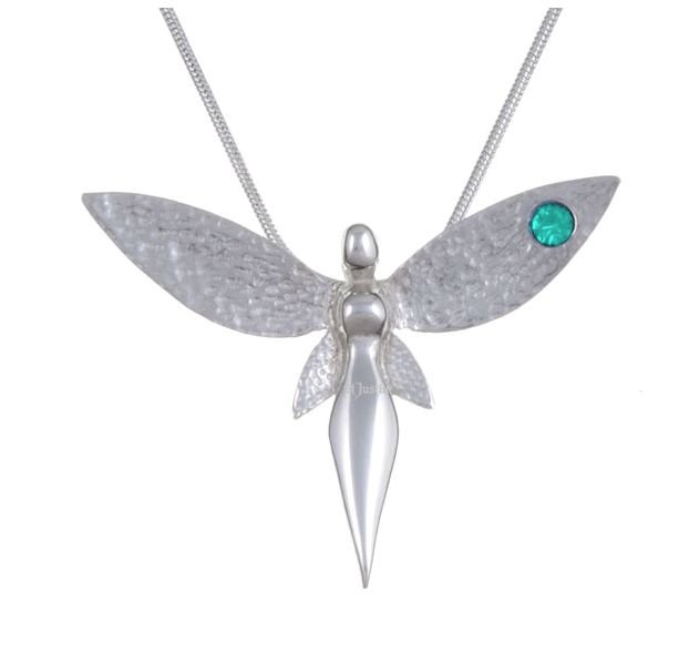Image 1 of Fairy Figure Hammered Textured Wings Aqua Crystal Stylish Pewter Pendant