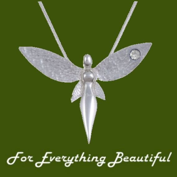 Image 0 of Fairy Figure Hammered Textured Wings Clear Crystal Stylish Pewter Pendant