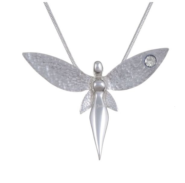 Image 1 of Fairy Figure Hammered Textured Wings Clear Crystal Stylish Pewter Pendant