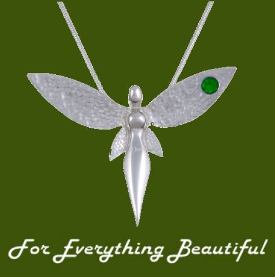 Image 0 of Fairy Figure Hammered Textured Wings Green Crystal Stylish Pewter Pendant
