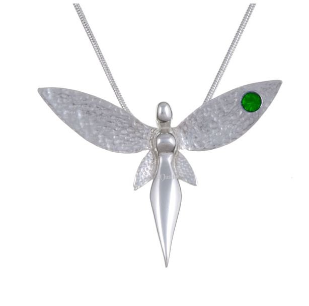 Image 1 of Fairy Figure Hammered Textured Wings Green Crystal Stylish Pewter Pendant