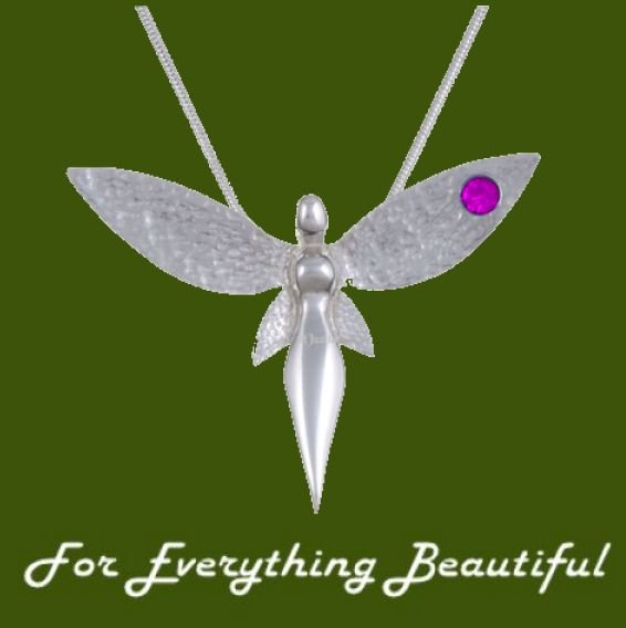 Image 0 of Fairy Figure Hammered Textured Wings Rose Pink Crystal Stylish Pewter Pendant