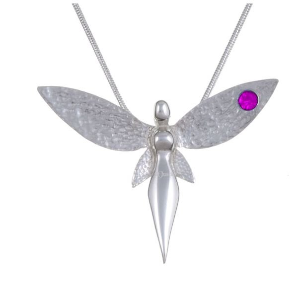 Image 1 of Fairy Figure Hammered Textured Wings Rose Pink Crystal Stylish Pewter Pendant