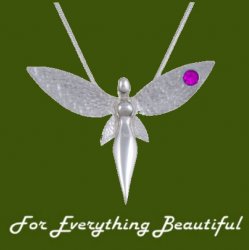Fairy Figure Hammered Textured Wings Rose Pink Crystal Stylish Pewter Pendant