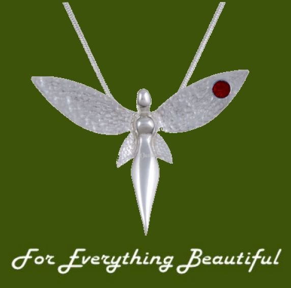 Image 0 of Fairy Figure Hammered Textured Wings Red Crystal Stylish Pewter Pendant