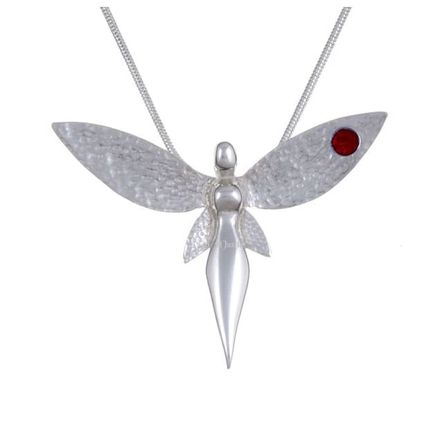 Image 1 of Fairy Figure Hammered Textured Wings Red Crystal Stylish Pewter Pendant