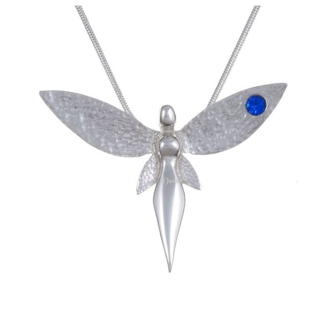 Image 1 of Fairy Figure Hammered Textured Wings Blue Crystal Stylish Pewter Pendant