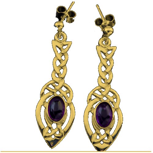 Image 1 of Celtic Knot Leaf Purple Amethyst Long 9K Yellow Gold Drop Earrings