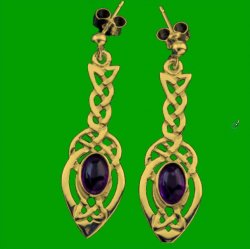 Celtic Knot Leaf Purple Amethyst Long 9K Yellow Gold Drop Earrings