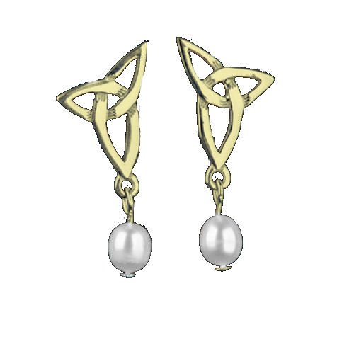 Image 1 of Celtic Knotwork Trinity Knot Twist Freshwater Pearl 9K Yellow Gold Earrings