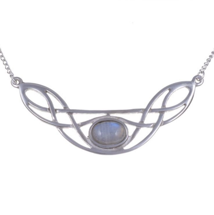 Image 1 of Celtic Bow Knotwork Rainbow Moonstone Design Stylish Pewter Necklace