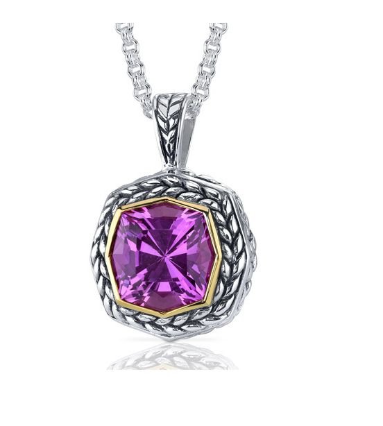 Image 1 of Pink Sapphire Octagon Cut Rope Border Detail Sterling Silver Pendant