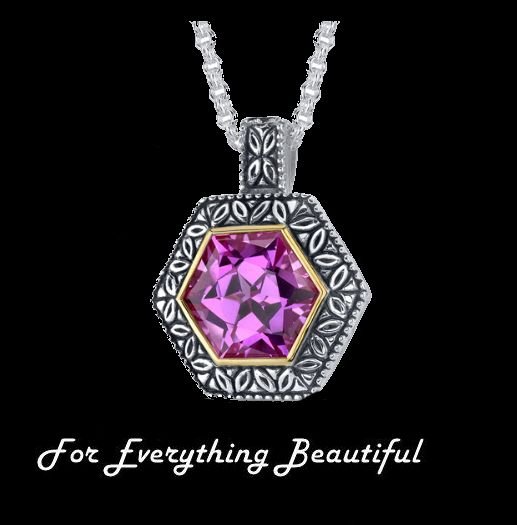 Image 0 of Pink Sapphire Hexagon Cut Ornate Detail Sterling Silver Pendant