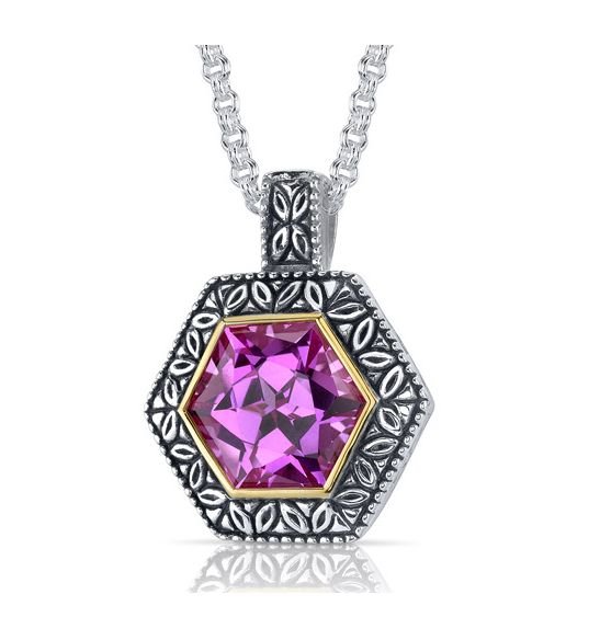 Image 1 of Pink Sapphire Hexagon Cut Ornate Detail Sterling Silver Pendant