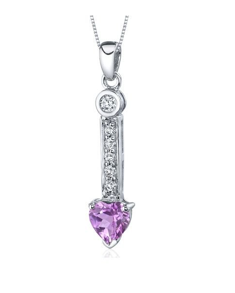 Image 1 of Pink Sapphire Heart Cut Cubic Zirconia Bar Drop Sterling Silver Pendant