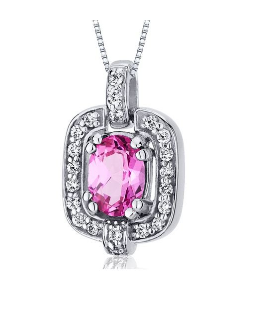 Image 1 of Pink Sapphire Oval Cut Cubic Zirconia Framed Sterling Silver Pendant
