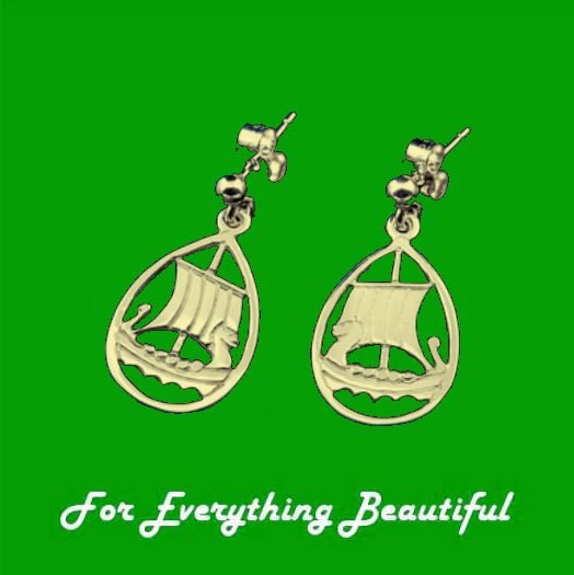 Image 0 of Viking Long Ship Oval Design Drop 9K Yellow Gold Earrings