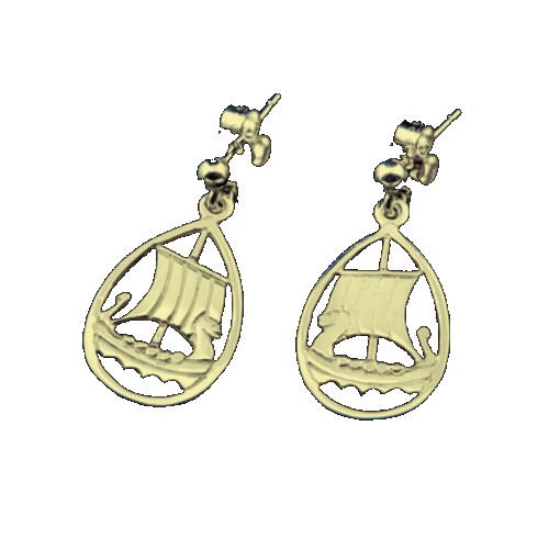 Image 1 of Viking Long Ship Oval Design Drop 9K Yellow Gold Earrings