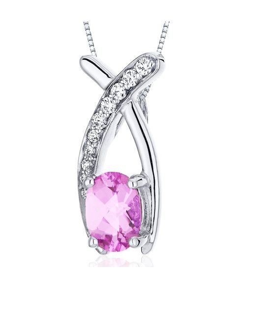 Image 1 of Pink Sapphire Oval Cut Cubic Zirconia Elongated Cross Sterling Silver Pendant