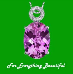 Pink Sapphire Oval Checkerboard Circular Diamond Accent 14K White Gold Pendant