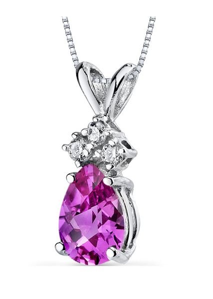 Image 1 of Pink Sapphire Pear Cut Triple Diamond Accent 14K White Gold Pendant