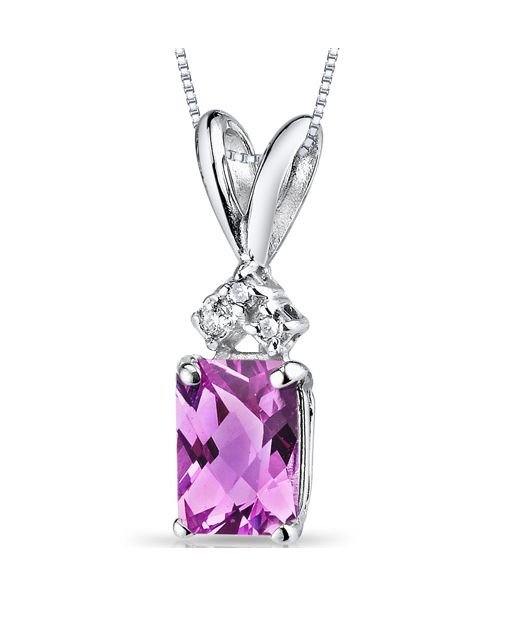 Image 1 of Pink Sapphire Radiant Cut Triple Diamond Accent 14K White Gold Pendant