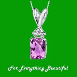 Pink Sapphire Radiant Cut Triple Diamond Accent 14K White Gold Pendant