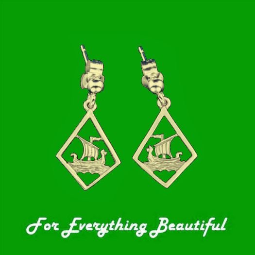 Image 0 of Viking Long Ship Diamond Design Small Drop 9K Yellow Gold Earrings  