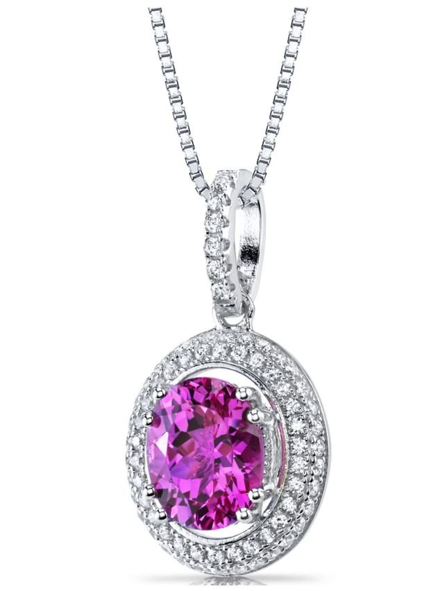 Image 1 of Pink Sapphire Oval Cut Cubic Zirconia Circular Halo Sterling Silver Pendant