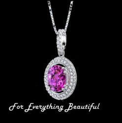 Pink Sapphire Oval Cut Cubic Zirconia Circular Halo Sterling Silver Pendant