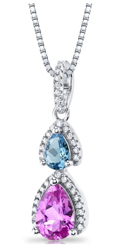 Image 1 of Pink Sapphire Blue Topaz Marquise Cut Cubic Zirconia Sterling Silver Pendant