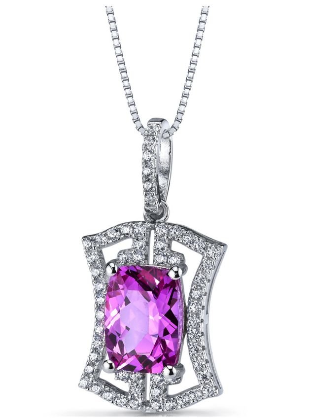 Image 1 of Pink Sapphire Cushion Cut Cubic Zirconia Art Deco Sterling Silver Pendant