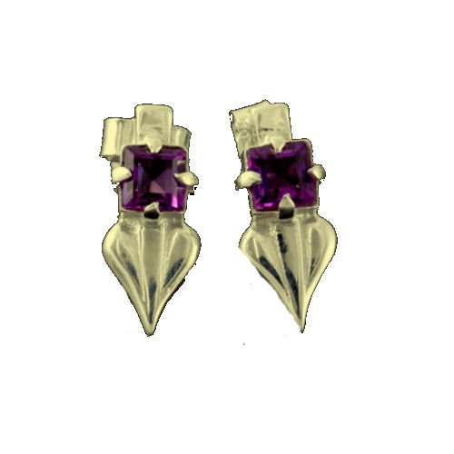 Image 1 of Glasgow Girls Art Nouveau Leaf Motif Amethyst 9K Yellow Gold Stud Earrings