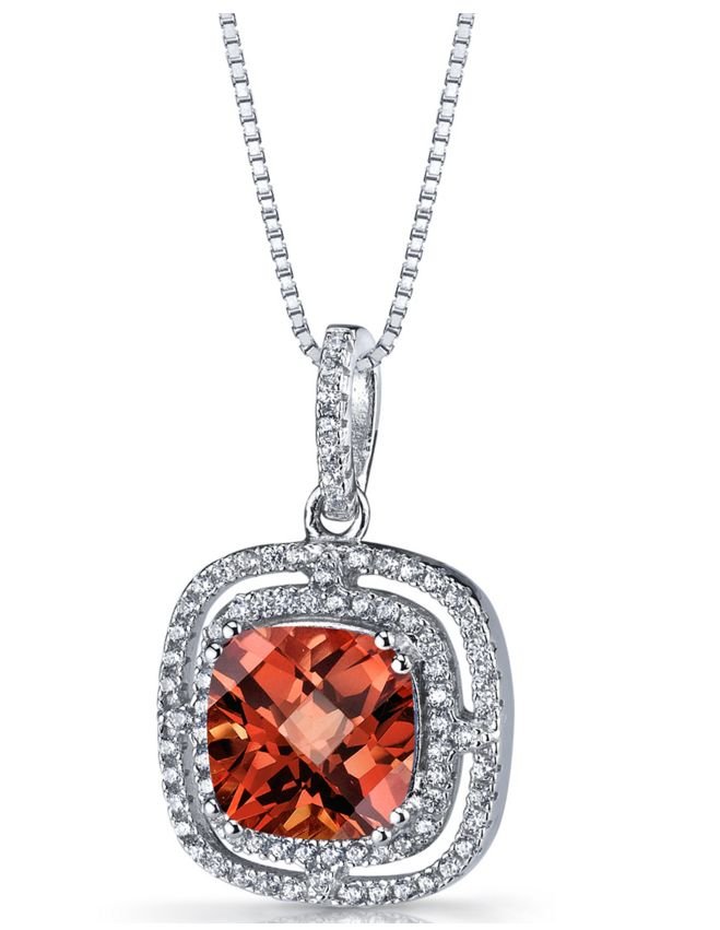 Image 1 of Padparadscha Sapphire Cushion Cut Cubic Zirconia Border Sterling Silver Pendant