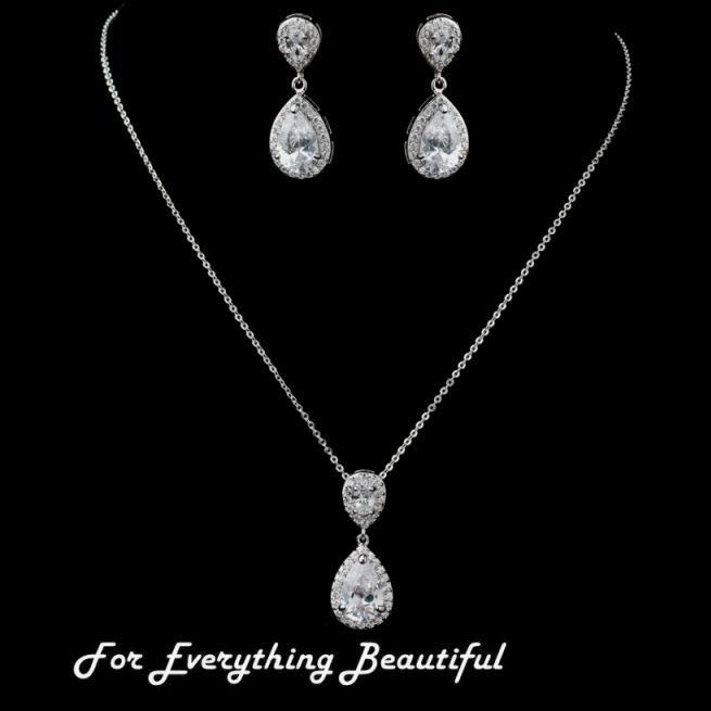 Image 0 of Pear Teardrop Clear Cubic Zirconia Wedding Necklace Earrings Bridal Set
