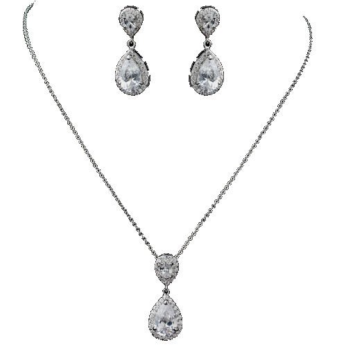 Image 1 of Pear Teardrop Clear Cubic Zirconia Wedding Necklace Earrings Bridal Set