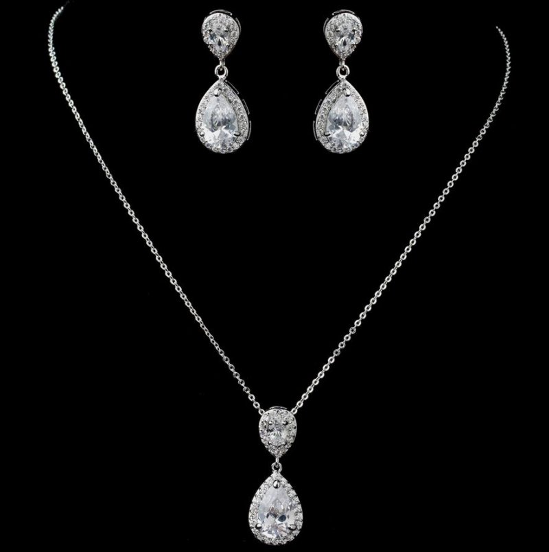 Image 2 of Pear Teardrop Clear Cubic Zirconia Wedding Necklace Earrings Bridal Set