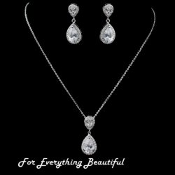 Pear Teardrop Clear Cubic Zirconia Wedding Necklace Earrings Bridal Set
