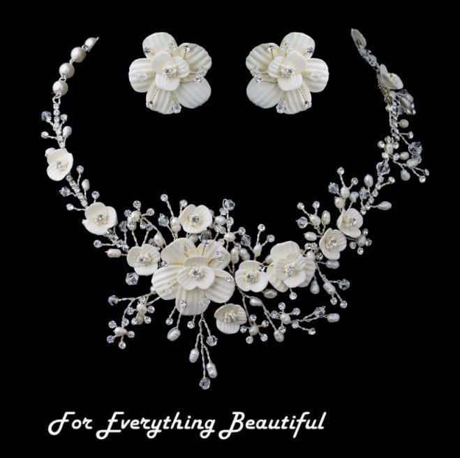 Image 0 of Porcelain Floral Pearl Crystal Vines Wedding Necklace Earrings Bridal Set