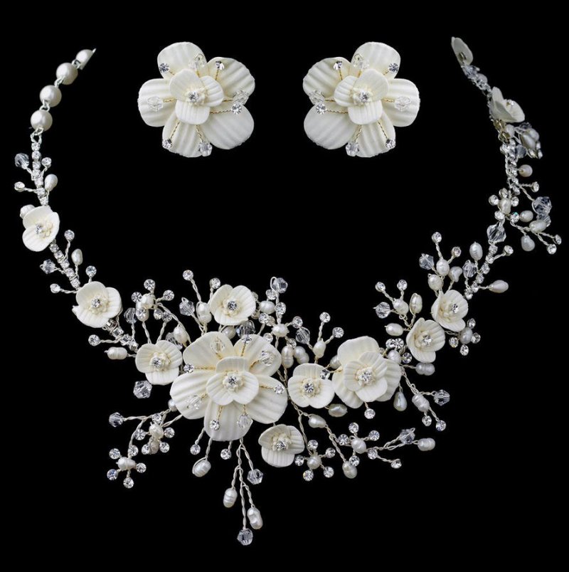 Image 1 of Porcelain Floral Pearl Crystal Vines Wedding Necklace Earrings Bridal Set
