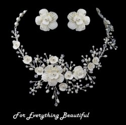 Porcelain Floral Pearl Crystal Vines Wedding Necklace Earrings Bridal Set