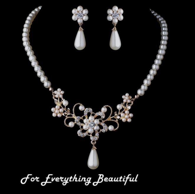 Image 0 of Ivory Pearl Rhinestone Floral Gold Plated Wedding Necklace Earrings Bridal Set