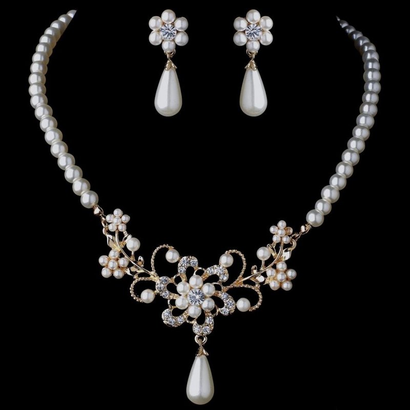 Image 1 of Ivory Pearl Rhinestone Floral Gold Plated Wedding Necklace Earrings Bridal Set