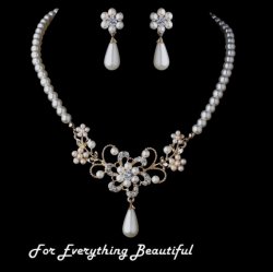 Ivory Pearl Rhinestone Floral Gold Plated Wedding Necklace Earrings Bridal Set