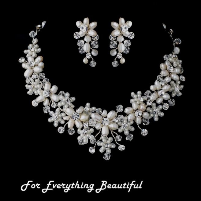 Image 0 of Ivory Pearl Floral Crystal Cluster Vines Wedding Necklace Earrings Bridal Set