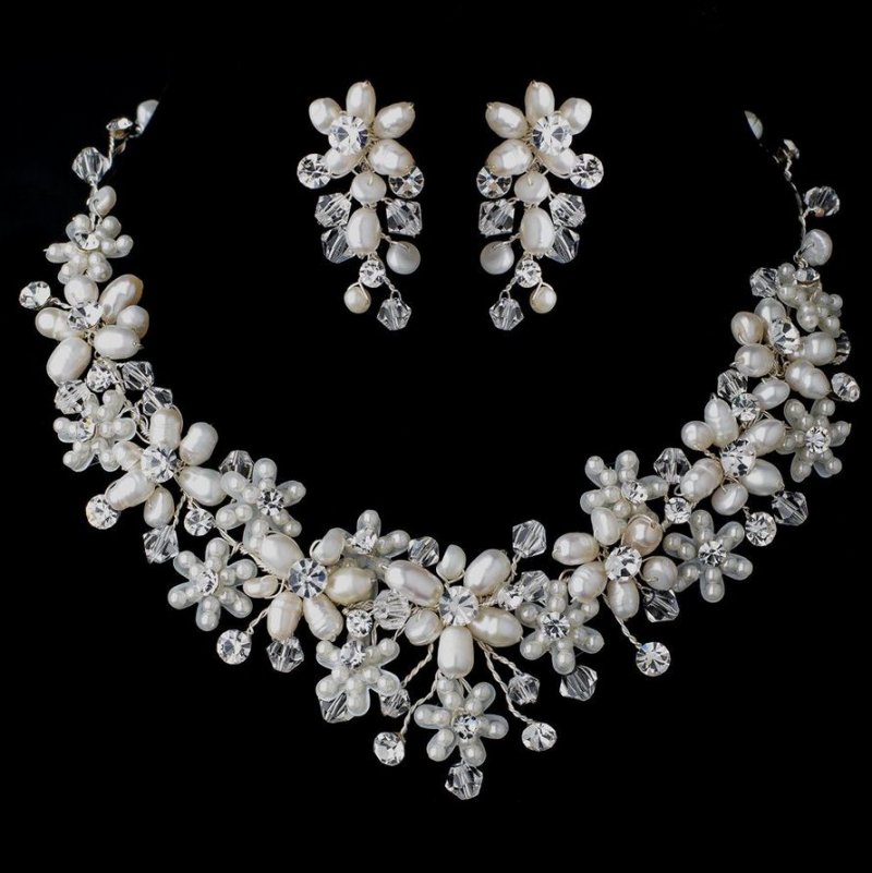 Image 1 of Ivory Pearl Floral Crystal Cluster Vines Wedding Necklace Earrings Bridal Set