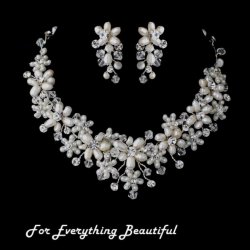 Ivory Pearl Floral Crystal Cluster Vines Wedding Necklace Earrings Bridal Set