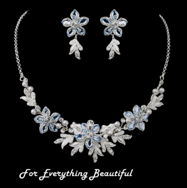 Image 0 of Silver Blue Accent Floral Pearl Leaves Wedding Necklace Earrings Bridal Set
