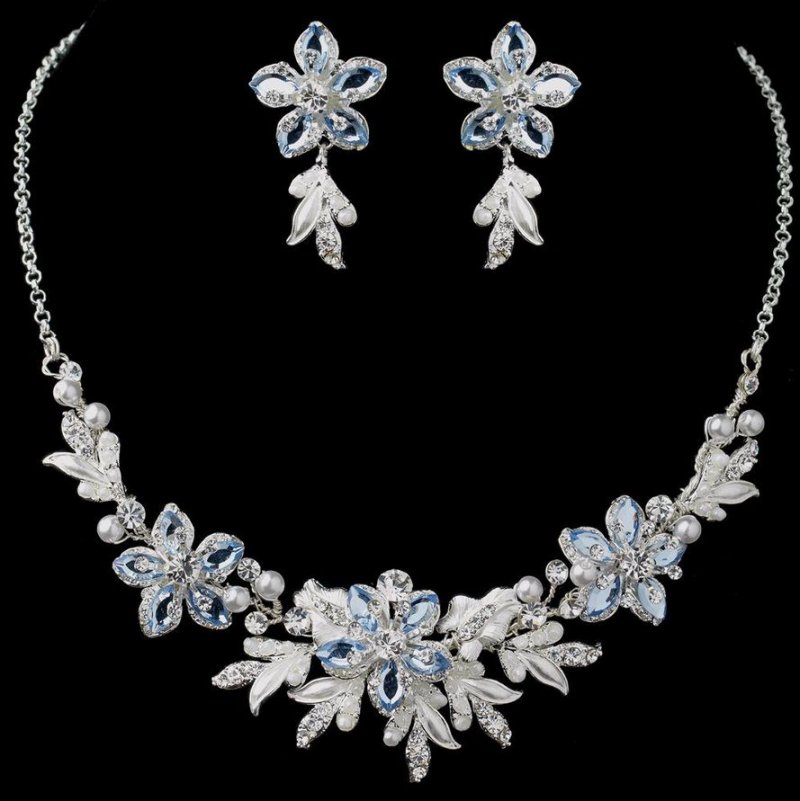 Image 1 of Silver Blue Accent Floral Pearl Leaves Wedding Necklace Earrings Bridal Set