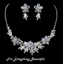 Silver Blue Accent Floral Pearl Leaves Wedding Necklace Earrings Bridal Set